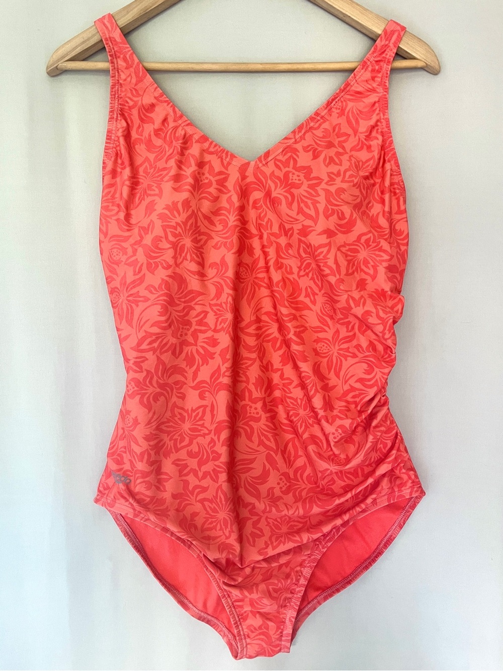 Speedo Floral One Piece Swimsuit Size 12 Coral Orange Ruched Athletic Swim